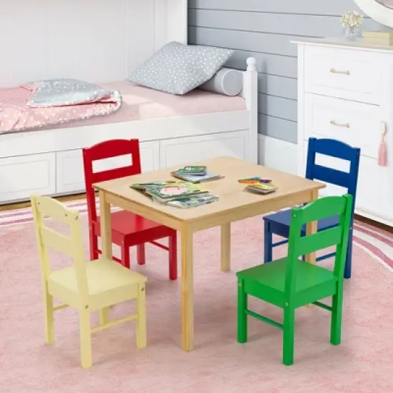 Costway Kids 5 Piece Table Chair Set Pine Wood Multicolor Children Play Room Furniture image {2}