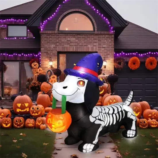 Joyfy 5FT Halloween Inflatables Outdoor Decorations, Inflatable Skeleton Dog with LEDs Pumpkin for Halloween Outdoor Yard Garden Lawn Party Decoration image {3}