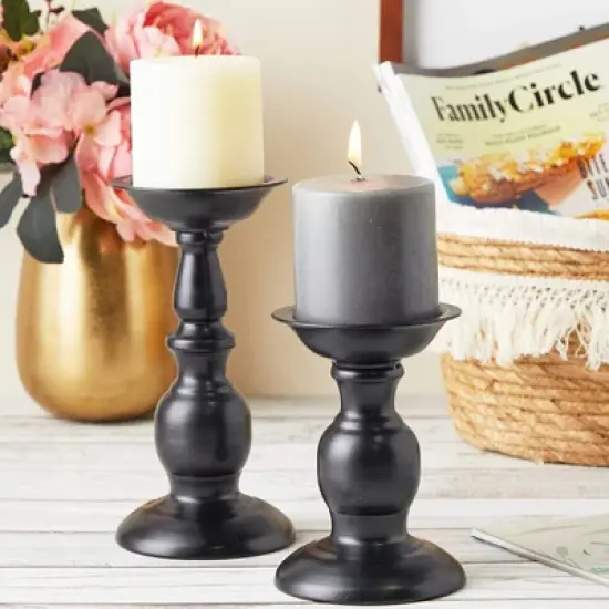Farmlyn Creek 2-Pack Black Metal Pillar Candle Holders Set for Coffee Table Home Decor, 2 Sizes image {1}