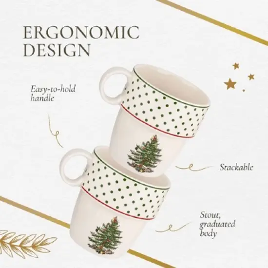 Spode Christmas Tree Polka Dot Stackable Mugs, Set of 4 - Festive 10oz Mugs, Dishwasher, Microwave, Freezer Safe - Fine Earthenware Holiday Mugs image {4}