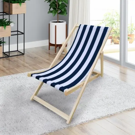 TIRAMISUBEST Dark Blue Striped Folding Chaise Lounge Chair with Poplar Wood Frame - Outdoor Sling Chair for Patio, Pool & Beach image {7}