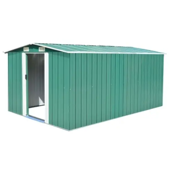 vidaXL Metal Garden Shed, Galvanized Steel Construction with Powder-Coated Finish, Outdoor Storage House, Sliding Doors, Green, 101.2"x154.3"x71.3" image {1}