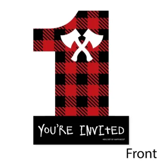 Big Dot of Happiness 1st Birthday Lumberjack - Channel The Flannel - Shaped Fill-in Invites - Birthday Party Invite Cards with Envelopes - Set of 12 image {2}