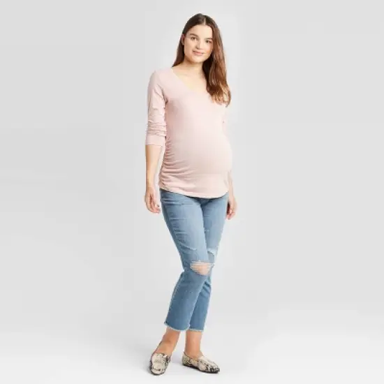 Over Belly Distressed Straight Maternity Jeans - Isabel Maternity by Ingrid & Isabel&trade; Blue image {3}
