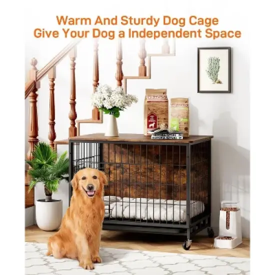 Dog Crate Furniture, 32" Dog Kennel End Table, Wooden Dog Cage with Wheels & Double Doors, Dog Crate Indoor Dog House for Large Medium Dogs image {3}