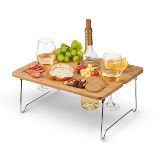 Tirrinia 15.7" x 11.8" Eco - friendly Natural Bamboo Wine Picnic Table, Folding Portable Outdoor Wine Glasses & Bottle, Snack and Cheese Holder Tray image {8}