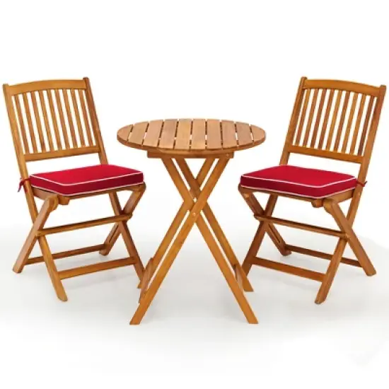 Tangkula 3PCS Folding Acacia Wood Bistro Set Patio Conversation Set w/ Red Cushions image {9}