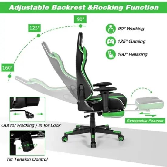 Costway High Back Gaming Chair Adjustable Office Computer Task Chair w/Footrest Green image {6}
