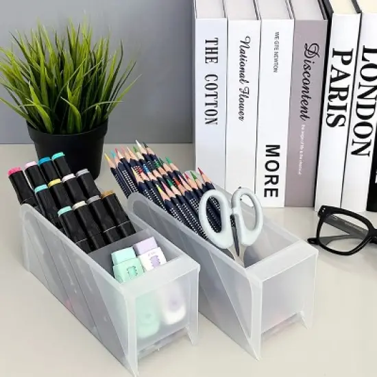 Wrapables Pen Organizer with 4 Compartments Desk Storage Organizer for Home, Office, Work, Large (2pcs) / Clear image {4}