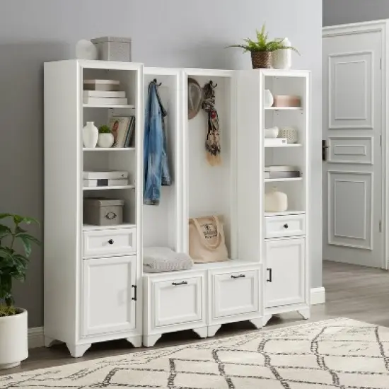 4pc Tara Entryway Set - 2 Hall Trees and 2 Linen Cabinets Distressed White - Crosley image {3}