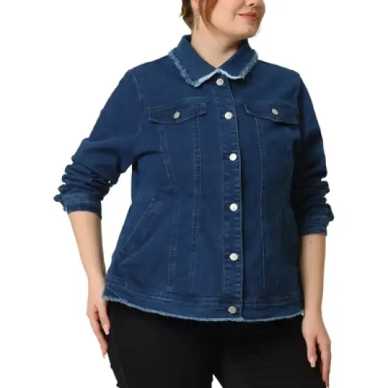 Agnes Orinda Women's Plus Size Denim Chest Pocket Frayed Washed Crop Jean Jackets image {11}