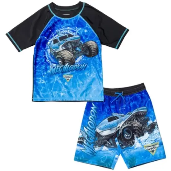 Monster Jam Maximum Destruction Megalodon El Toro Loco Grave Digger Rash Guard and Swim Trunks Outfit Set Toddler to Little Kid image {9}