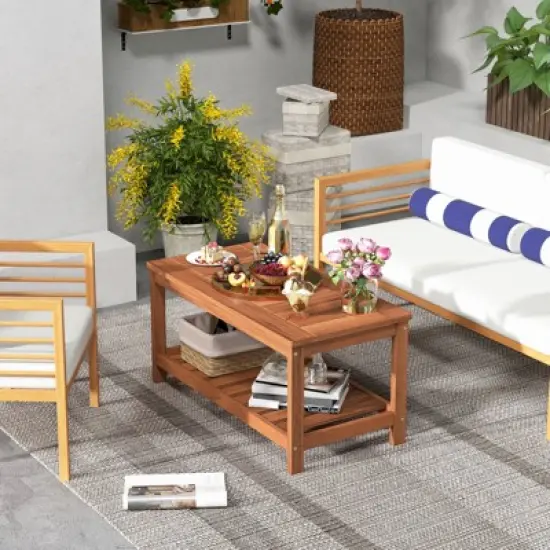 Tangkula Patio Hardwood Coffee Table 2-Tier Wooden Coffee Table with Slatted Tabletop & Storage Shelf Outdoor Rectangular Cocktail Table image {1}