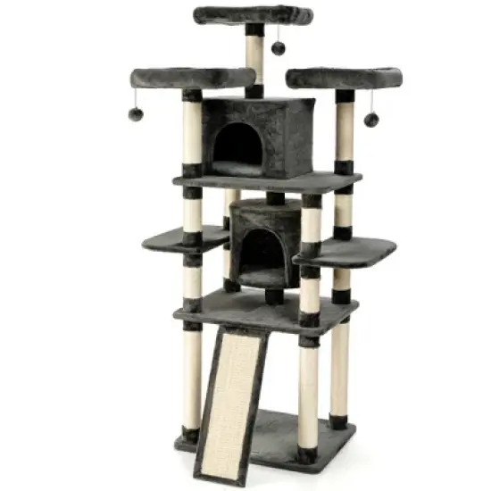 Costway 67'' Multi-Level Cat Tree w/ Cozy Perches Kittens Play House Dark Grey/Light Grey image {10}