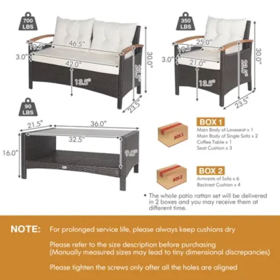 Tangkula Patio Rattan 4PCS Cushioned Chair Side Table Set Bistro Set Classic Furniture Single Sofa Thick Cushion Loveseat for Garden Off White/Navy image {6}