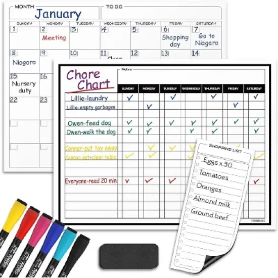 SCRIBBLEDO Magnetic Chore Chart Set 13"x17" Behavior Reward Chart, Monthly Calendar, Shopping List & 6 Markers & Eraser image {8}