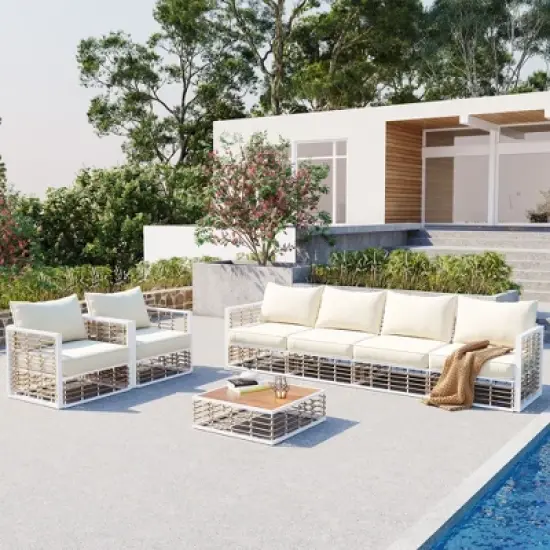 GDFStudio Dean Outdoor Metal and Rattan 6-Seater Upholstered&nbsp;Seating Set with Coffee Table image {6}