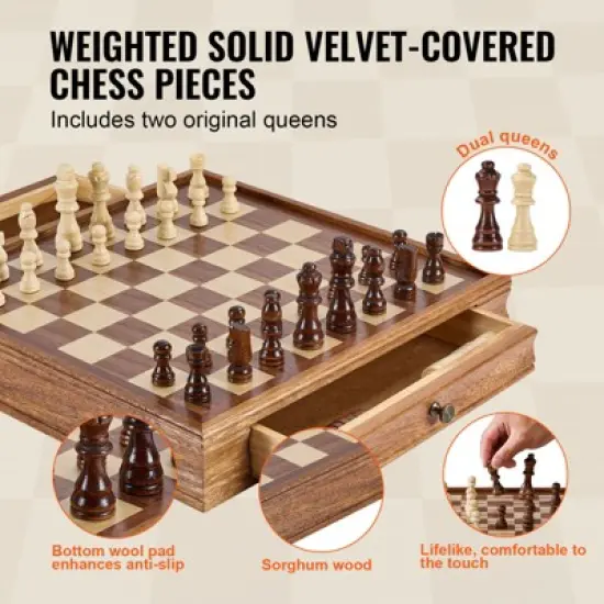 VEVOR Solid Wood Chess Set, 15 inch  2-IN-1 Chess Checkers Game Set, Chess Board Games with Storage Drawer & Weighted Chess Checkers Pieces image {5}