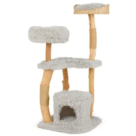 Tangkula 49" Tall Wooden Cat Tree Solid Wood Cat Tower w/ Jute Scratching Posts image {9}