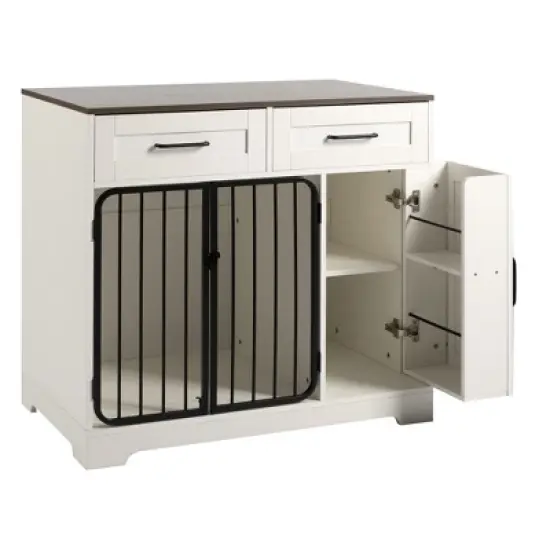 APRILSOUL 37.4" Dog Crate Furniture, Indoor Kennel with 2 Drawers & Storage Cabinet, Modern Side End Table, Small/Medium Dogs White image {4}