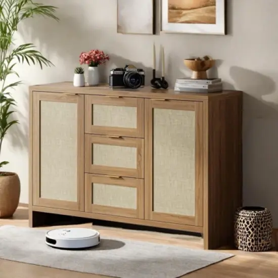 Modern Rattan Buffet Cabinet Sideboard with Storage,47" Boho Credenza Buffet Console Table with Drawers&Doors,Wooden Coffee Bar Cabinet image {3}
