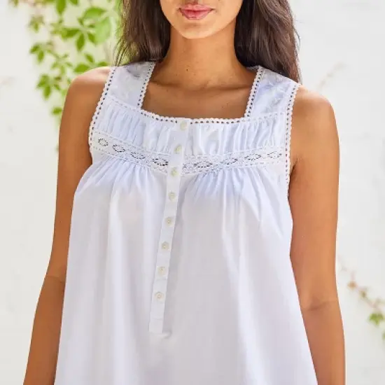 Women's Cotton Victorian Nightgown, Phoebe Sleeveless Lace Trimmed Button Up Long Vintage Night Dress Gown image {4}