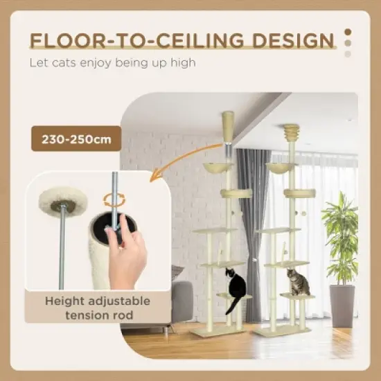 Floor to Ceiling Cat Tree, 90.5" - 98.5" Adjustable Height, Cat Climbing Tower with Carpeted Platforms, Cozy Bed, Hammock, Scratching Posts  Beige image {3}