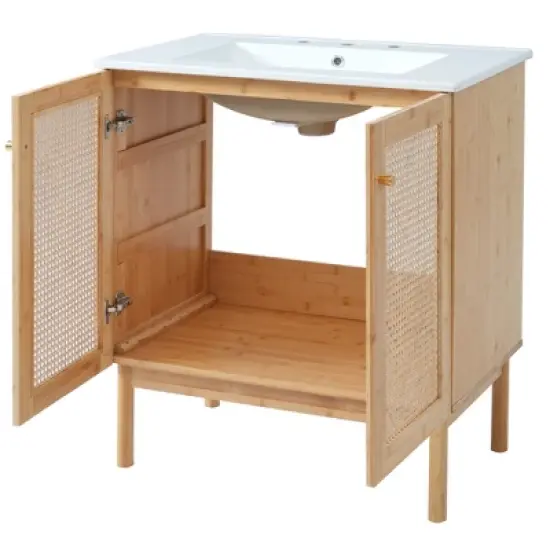 LOVSON 30''bathroom vanity crafted from natural materials, featuring handmade rattan doors and soft-closing mechanisms image {11}