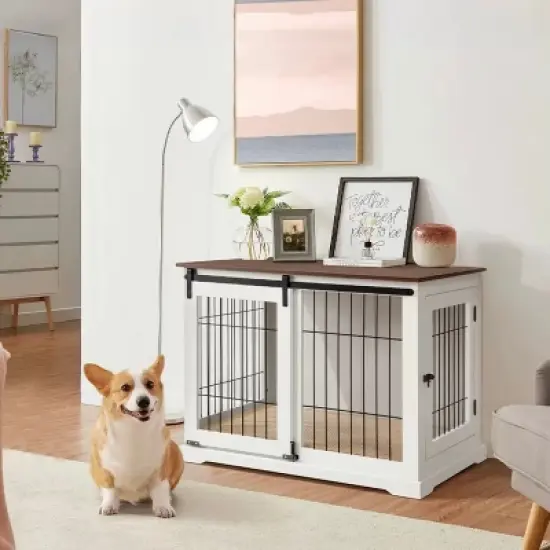 unipaws Wooden Dog Crate &ndash; Sliding Barn Door, Double Doors, Tray & Cushion image {8}