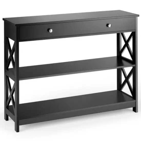 Costway 3-Tier Console Table X-Design Sofa Entryway Table with Drawer & Shelves Gray\ Espresso image {11}