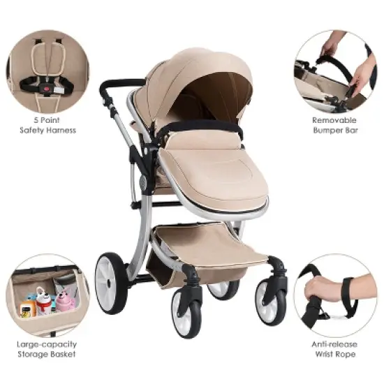 Infans Aluminum Infant Reversible Outdoor Foldable Stroller W/Diaper Bag Beige image {3}