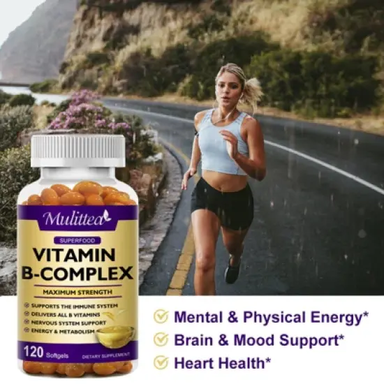 Mulittea Vitamin B Complex Capsules - B12,B2,B6,Vitamin C & Folic Acid,Reduce Stress,Immune & Energy Support,120ct image {5}