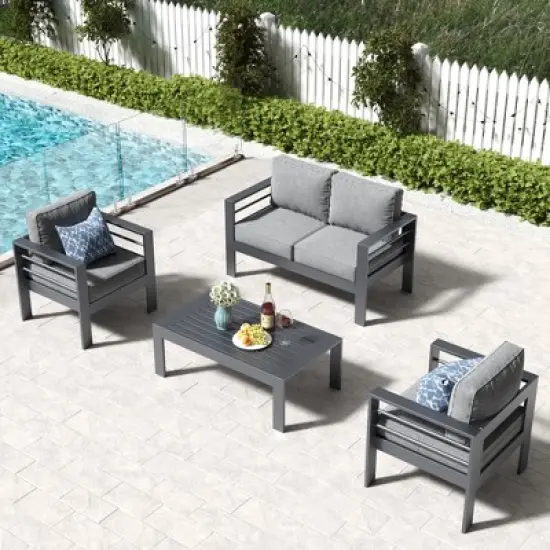 LayinSun Outdoor Aluminum Furniture Set, 4 Pieces Patio Sectional Conversation Chat Sofa Modern Seating Set with Coffee Table image {8}