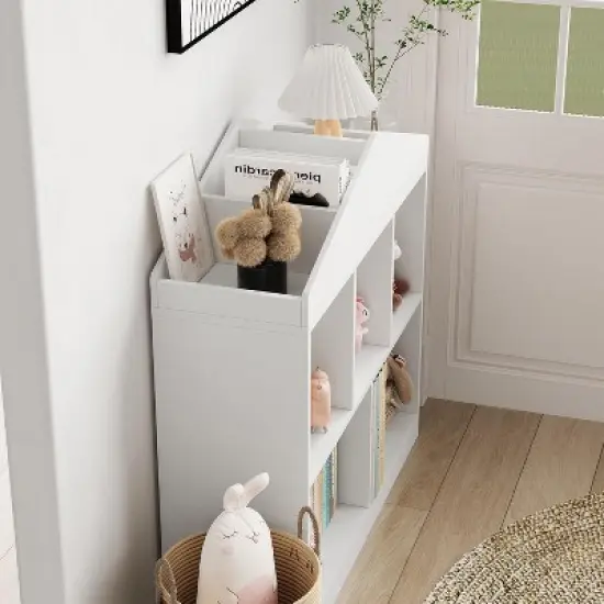 Acekool Kids Roof Bookshelf, 5-Cube Storage Organizer with Roof Shelf, Modern Bookcase for Playroom Bedroom Classroom, 35 x 35 x 12 Inch image {2}