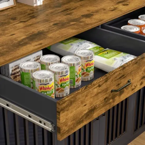 VECELO 55.1" Dog Crate, Wooden Decorative Dog Kennel Indoor With 2 Drawers for Medium/Large Dogs, Brown image {7}