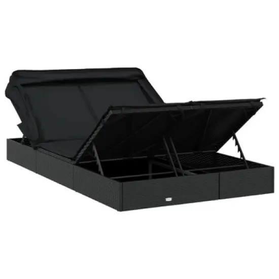 vidaXL - 2-Person Black Poly Rattan Sunbed with Foldable Roof and Cushions - Outdoor Daybed 83.9"x 46.5"x 38.2" for Patio, Garden, Balcony image {9}