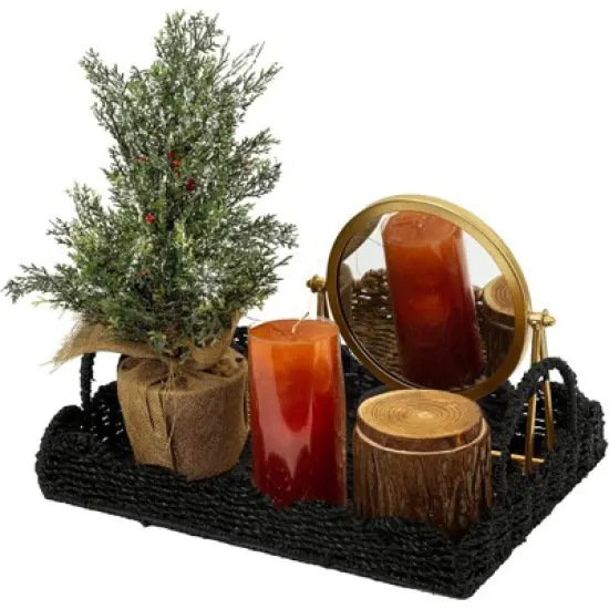 BRINJOY 14" Woven Seagrass Tray with Scalloped Edge - Bohemian Decorative Tray with Handles for Coffee Table Ottoman Festive Decor, Black image {5}