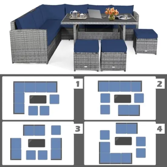 Tangkula 7PCS Rattan Patio Sectional Sofa Set Conversation Set w/ Navy Cushions image {4}