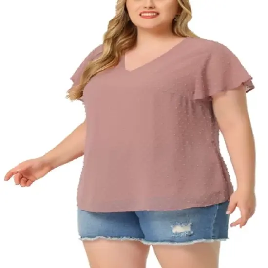 Agnes Orinda Plus Size Blouses for Women Tired Flare Sleeve V Neck Swiss Dots Tops image {1}