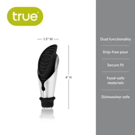 TRUE Duo Wine Pourer and Stopper, Bottle Sealer, Drip Free Pourer, Wine Cork Spout, 2-Piece Design, Silicone and Stainless Steel image {2}