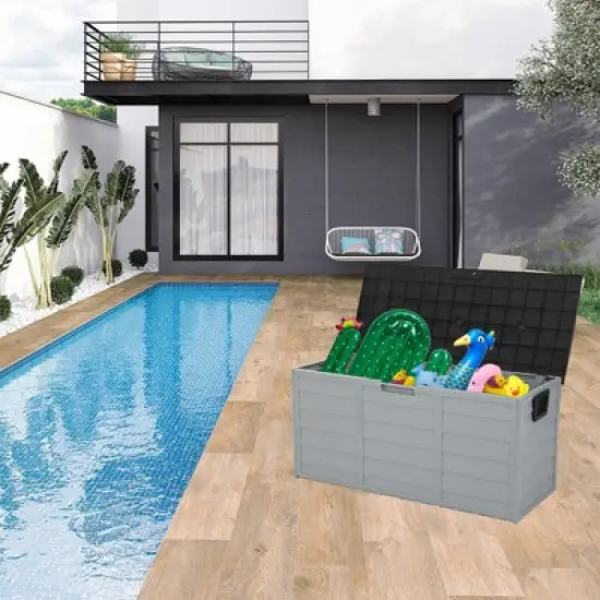 DSVIMOY 75gal Lockable Outdoor Garden Plastic Storage Deck Box for Tools Cushions Toys, Grey & Black, 44"*19.3"*21.3" image {4}