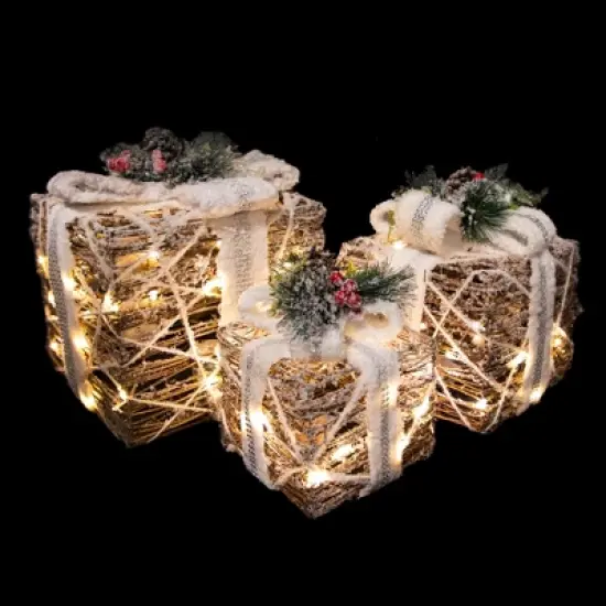 Northlight LED Lighted Gift Boxes with Pine and Berries Christmas Decorations - 9.75" - Set of 3 image {4}