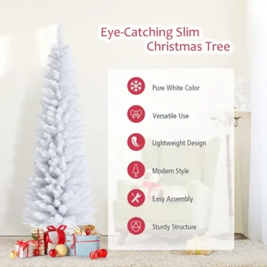 Costway 6ft Unlit Artificial Slim Pencil Christmas Tree with Metal Stand White image {5}
