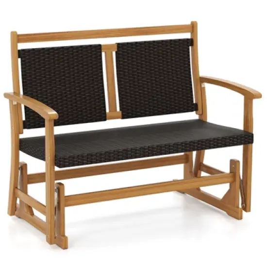 Tangkula Patio Rattan Glider Bench Swing Gliding Rocker for 2 w/ Acacia Wood Frame image {10}