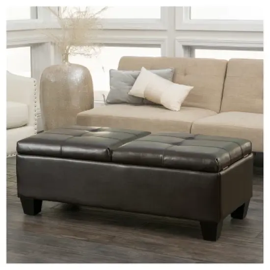 Merrill Double Opening Leather Storage Ottoman - Chocolate Brown - Christopher Knight Home image {2}