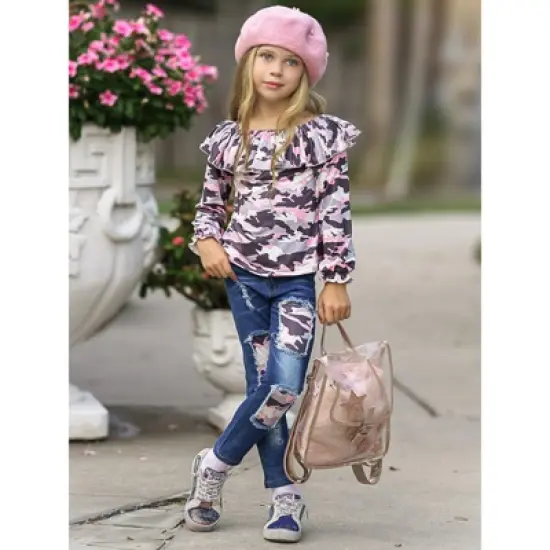 Girls Can't See Me Camo Patched Jeans Set - Mia Belle Girls image {3}