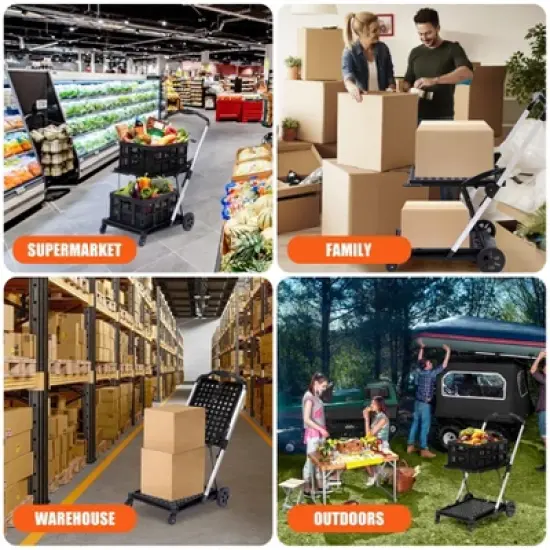 Folding Shopping Cart with Wheels, Collapsible Multi-Use Cart with Storage Gate, Mobile Trolley for Groceries, Black image {5}