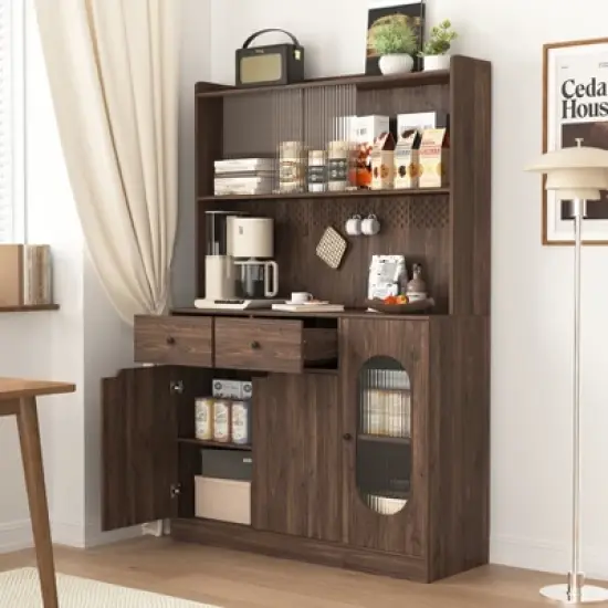 TIRAMISUBEST 71 Inch Tall Wooden Kitchen Pantry Cabinet with Storage Shelves - Walnut Finish Freestanding Organizer image {10}