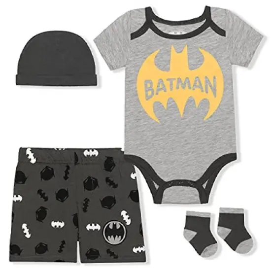 Warner Bros Boy's 4-Pack Batman Short Sleeve Baby Bodysuit Creeper, Casual Shorts, Cap and Matching Socks for Infant image {5}