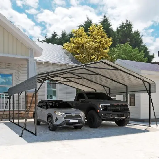 Real Relax Heavy Duty Metal Carport, Outdoor Garage Car Shelter Shade with Heavier Metal Frame, Galvanized Metal Roof for Car and Boats, Grey image {7}